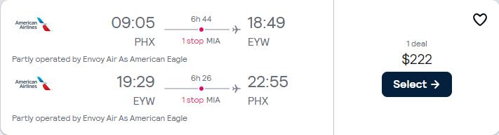 Click here to book this cheap flight deal. Cheap flights from Phoenix, Arizona to Key West, Florida for only $222 roundtrip with American Airlines. Also works in reverse. Flight deal ticket image.
