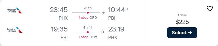 Cheap flights from Phoenix, Arizona to West Palm Beach, Florida for only $225 roundtrip with American Airlines. Also works in reverse. Flight deal ticket image.