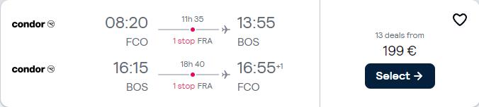 Cheap flights from Rome, Italy to Boston, USA for only €199 roundtrip. Flight deal ticket image.