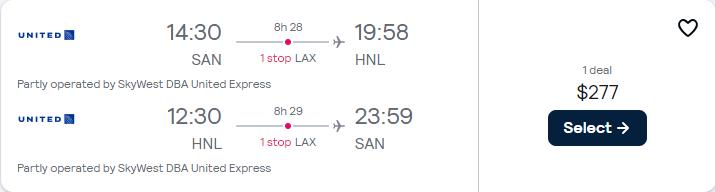 Click here to book this cheap flight deal. Cheap flights from San Diego to Honolulu, Hawaii for only $277 roundtrip with United Airlines. Also works in reverse. Flight deal ticket image.