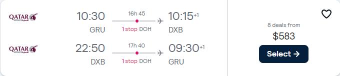 Click here to book this cheap flight deal. Cheap flights from Sao Paulo, Brazil to Dubai or Sharjah, UAE for only $583 USD roundtrip with Qatar Airways. Flight deal ticket image.