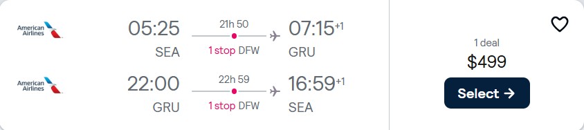 Summer flights from Seattle to Sao Paulo, Brazil for only $499 roundtrip with American Airlines. Flight deal ticket image.