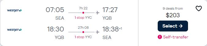 Summer flights from Seattle to Quebec City, Canada for only $203 roundtrip. Flight deal ticket image.