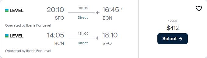Cheap flights from San Francisco to Barcelona or Madrid, Spain from only $412 roundtrip. Flight deal ticket image.