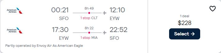 Click here to book this cheap flight deal. Cheap flights from San Francisco to Key West, Florida for only $228 roundtrip with American Airlines. Also works in reverse. Flight deal ticket image.