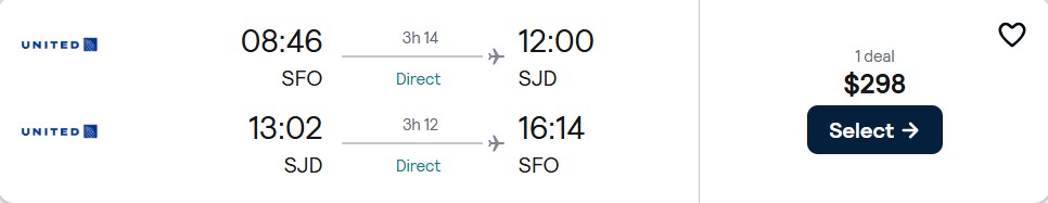 Non-stop flights from San Francisco to San Jose del Cabo, Mexico for only $298 roundtrip with United Airlines. Flight deal ticket image.