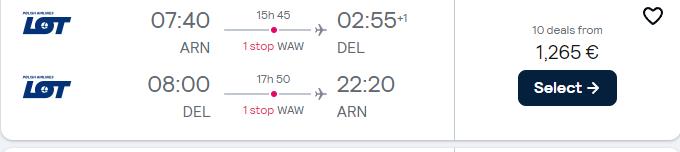 Business Class, summer flights from Stockholm, Sweden to Delhi, India for only €1265 roundtrip with LOT Polish Airlines. Flight deal ticket image.