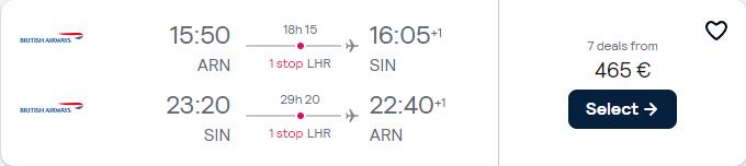 Click here to book this cheap flight deal. Cheap flights from Stockholm, Sweden to Singapore for only €465 roundtrip with British Airways. Flight deal ticket image.
