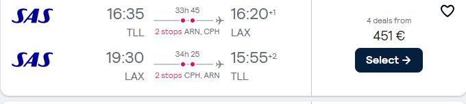 Cheap flights from Tallinn, Estonia to Los Angeles, USA for only €451 roundtrip with Scandinavian Airlines. Flight deal ticket image.