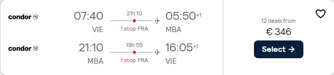 Cheap flights from Vienna, Austria to Mombasa, Kenya for only €346 roundtrip. Flight deal ticket image.