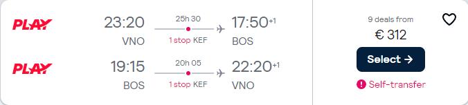 Cheap flights from Vilnius, Lithuania to Boston or Washington DC, USA from only €307 roundtrip. Flight deal ticket image.