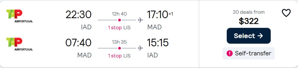 Click here to book this cheap flight deal. Cheap flights from Washington DC to Madrid, Spain for only $322 roundtrip with TAP Air Portugal. Flight deal ticket image.