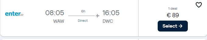 Click here to book this cheap flight deal. Non-stop flights from Warsaw, Poland to Dubai, UAE for only €89 one-way. Flight deal ticket image.