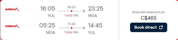 Click here to book this cheap flight deal. Cheap flights from Montreal, Canada to Managua, Nicaragua for only $465 CAD roundtrip with Avianca. Flight deal ticket image.
