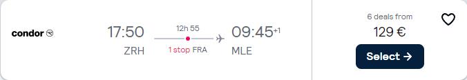 Last minute flights from European cities to the Maldives from only €128 one-way. Flight deal ticket image.