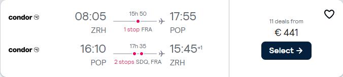 Click here to book this cheap flight deal. Cheap flights from European cities to the Dominican Republic from only €441 roundtrip. Flight deal ticket image.