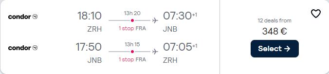 Cheap flights from Zurich, Switzerland to Johannesburg, South Africa for only €348 roundtrip. Flight deal ticket image.
