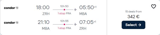 Cheap flights from Zurich, Switzerland to Mombasa, Kenya for only €342 roundtrip. Flight deal ticket image.