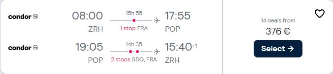 Last minute flights from Zurich, Switzerland to the Dominican Republic from only €377 roundtrip. Flight deal ticket image.