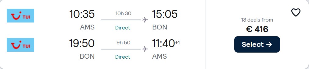 Last minute flights from Amsterdam, Netherlands to Bonaire for only €416 roundtrip. Flight deal ticket image.