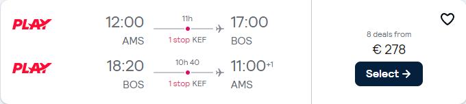 Cheap flights from Amsterdam, Netherlands to Eastern USA from only €278 roundtrip. Flight deal ticket image.