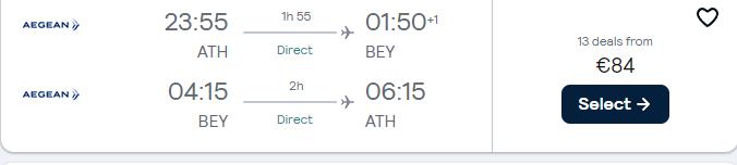 Non-stop flights from Athens, Greece to Beirut, Lebanon for only €84 roundtrip with Aegean Airlines. Flight deal ticket image.
