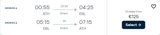 Non-stop flights from Athens, Greece to for only €125 roundtrip with Aegean Airlines. Flight deal ticket image.