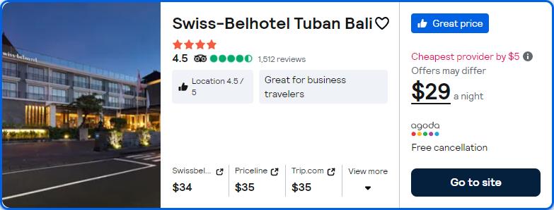 Stay at the 4* Swiss-Belhotel Tuban Bali in Bali, Indonesia for only $29 USD per night. Flight deal ticket image.