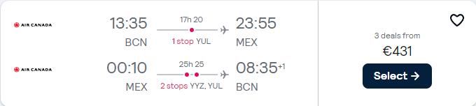 Cheap flights from Barcelona, Spain to Mexico City, Mexico for only €431 roundtrip with Air Canada. Flight deal ticket image.
