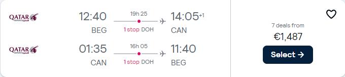 Click here to book this cheap flight deal. Business Class flights from Belgrade, Serbia to Guangzhou, China for only €1487 roundtrip with Qatar Airways. Flight deal ticket image.