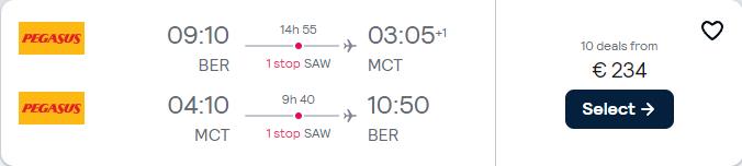 Click here to book this cheap flight deal. Cheap flights from Berlin, Germany to Muscat, Oman for only €234 roundtrip. Flight deal ticket image.