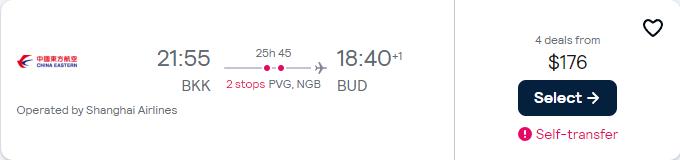 Last minute flights from Bangkok, Thailand to Budapest, Hungary for only $176 USD one-way. Flight deal ticket image.