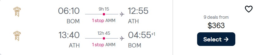 Click here to book this cheap flight deal. Cheap flights from Mumbai, India to Athens, Greece for only $363 USD roundtrip. Flight deal ticket image.