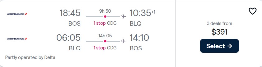 Cheap flights from Boston or New York to Bologna, Italy for only $391 roundtrip with Air France and Delta Air Lines. Flight deal ticket image.