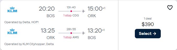 Cheap flights from Boston to Cork, Ireland for only $390 roundtrip with Delta Air Lines, Air France and KLM. Flight deal ticket image.