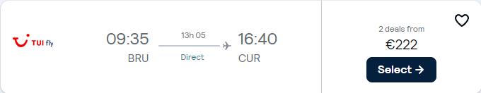 Non-stop flights from Brussels, Belgium to Curacao for only €215 one-way. Flight deal ticket image.