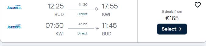 Non-stop flights from Budapest, Hungary to Kuwait City, Kuwait for only €166 roundtrip. Flight deal ticket image.