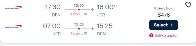Cheap flights from Denver, Colorado to Jersey, UK for only $478 roundtrip with British Airways. Flight deal ticket image.