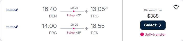Cheap flights from Denver, Colorado to Prague, Czech Republic for only $388 roundtrip. Flight deal ticket image.