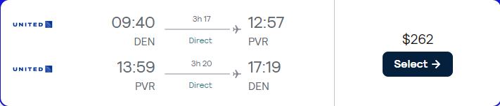 Click here to book this cheap flight deal. Non-stop, summer flights from Denver, Colorado to Puerto Vallarta, Mexico for only $262 roundtrip with United Airlines. Flight deal ticket image.