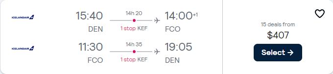 Click here to book this cheap flight deal. Cheap flights from Denver, Colorado to Rome, Italy for only $407 roundtrip. Flight deal ticket image.
