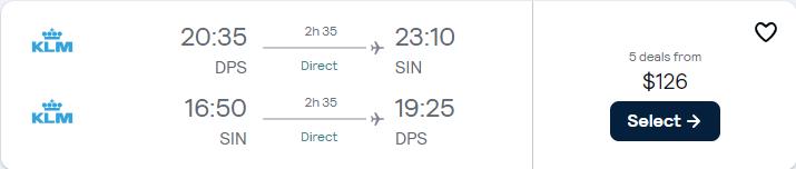 Non-stop flights from Bali, Indonesia to Singapore for only $126 USD roundtrip with KLM. Flight deal ticket image.
