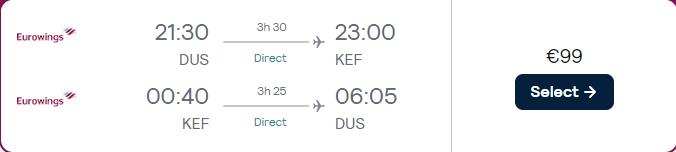 Click here to book this cheap flight deal. Non-stop, last minute flights from Dusseldorf, Germany to Reykjavik, Iceland for only €99 roundtrip. Flight deal ticket image.