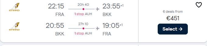 Cheap flights from Frankfurt or Munich, Germany to Bangkok, Thailand from only €451 roundtrip with Etihad Airways. Flight deal ticket image.
