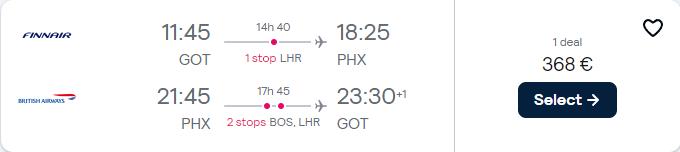 Summer flights from ________ to Phoenix, Arizona from only €368 roundtrip with British Airways. Flight deal ticket image.