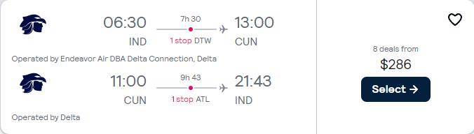 Summer flights from Indianapolis to Cancun, Mexico for only $286 roundtrip with Delta Air Lines. Flight deal ticket image.