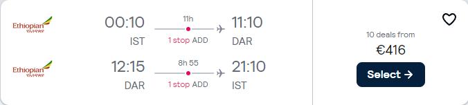 Cheap flights from Istanbul, Turkey to Dar Es Salaam, Tanzania for only €416 roundtrip. Flight deal ticket image.
