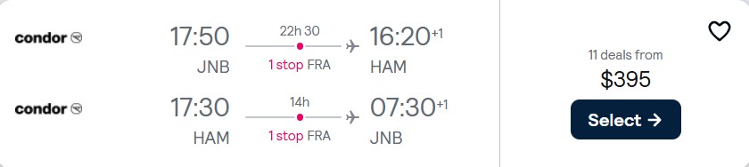 Cheap flights from Johannesburg, South Africa to Hamburg, Germany for only $395 USD roundtrip. Flight deal ticket image.