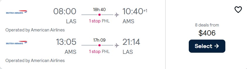 Click here to book this cheap flight deal. Summer flights from Western USA to Amsterdam, Netherlands from only $406 roundtrip with American Airlines. Flight deal ticket image.