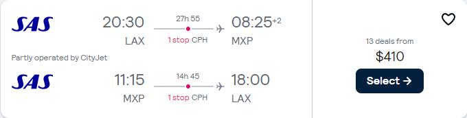 Summer flights from Los Angeles or San Francisco to Italian cities from only $410 roundtrip with Scandinavian Airlines. Flight deal ticket image.